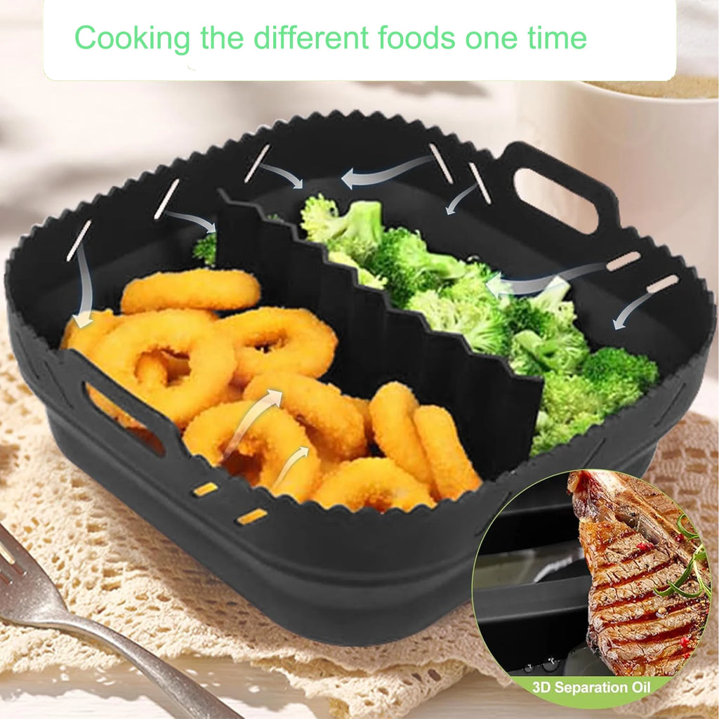 Square Silicone Air Fryer Liner with Divider Non-Stick Easy to Clean Dishwasher Safe Food Riser Holder