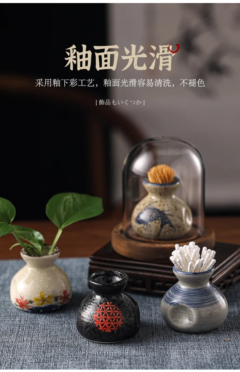 Japanese Retro Toothpick Box Home Toothpick Cotton Swabs Jar Ceramic Pot Glass Dust Cover Modern Exquisite Decoration Modern