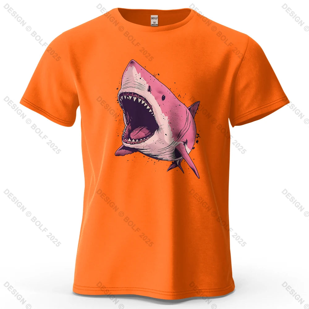 Pink Shark Cartoon Image Printed Men's T-Shirt 100% Cotton Oversized Marine Life Graphic Tees for Women Tops Tees Streetwear