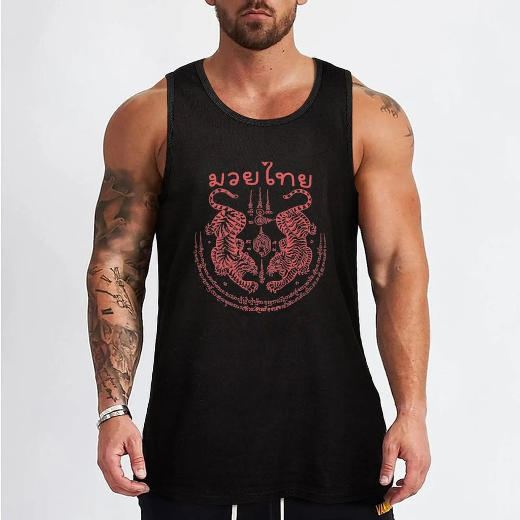 Muay Thai with Thai traditional art of Talisman Tiger Leap (Tiger pairs) Tank Top Men's clothing brands Man clothes for gym