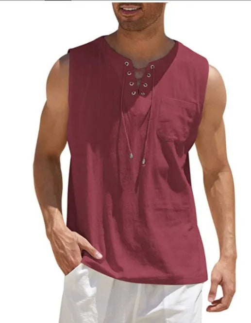 New 2026 Men's Casual Cotton Linen Tank Tops Men Drawstring V Neck Sleeveless Shirts Summer Casual Shirt Gym Fitness Vest Tops