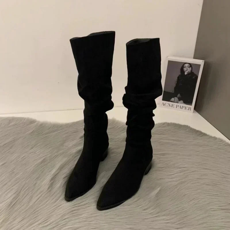 Women Knee High Boots Autumn Winter Female Shoes Fashion Female Slip-on Folds Low Heel Round Toe Flat Long Boots