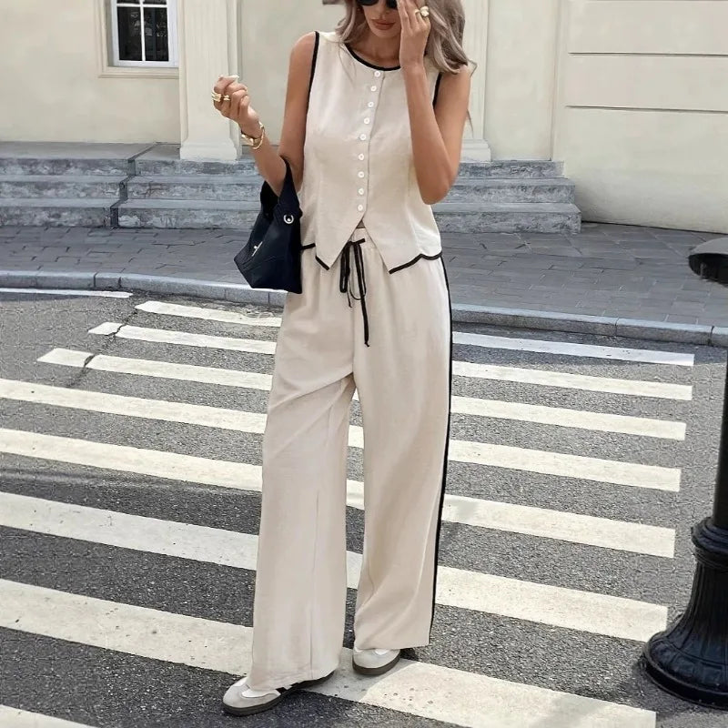 2026 New Multi Color Contrast Edge Tank Top and Trousers Suit Ladies Sleeveless Waistcoat Loose Pants Daily Travel Streetwear