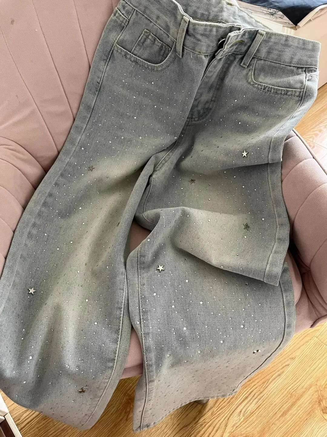 Four Seasons New Fashion Women's Light Blue Wide Leg High Waist Loose Casual Trendy Jeans Female Diamond Studded Denim Trousers