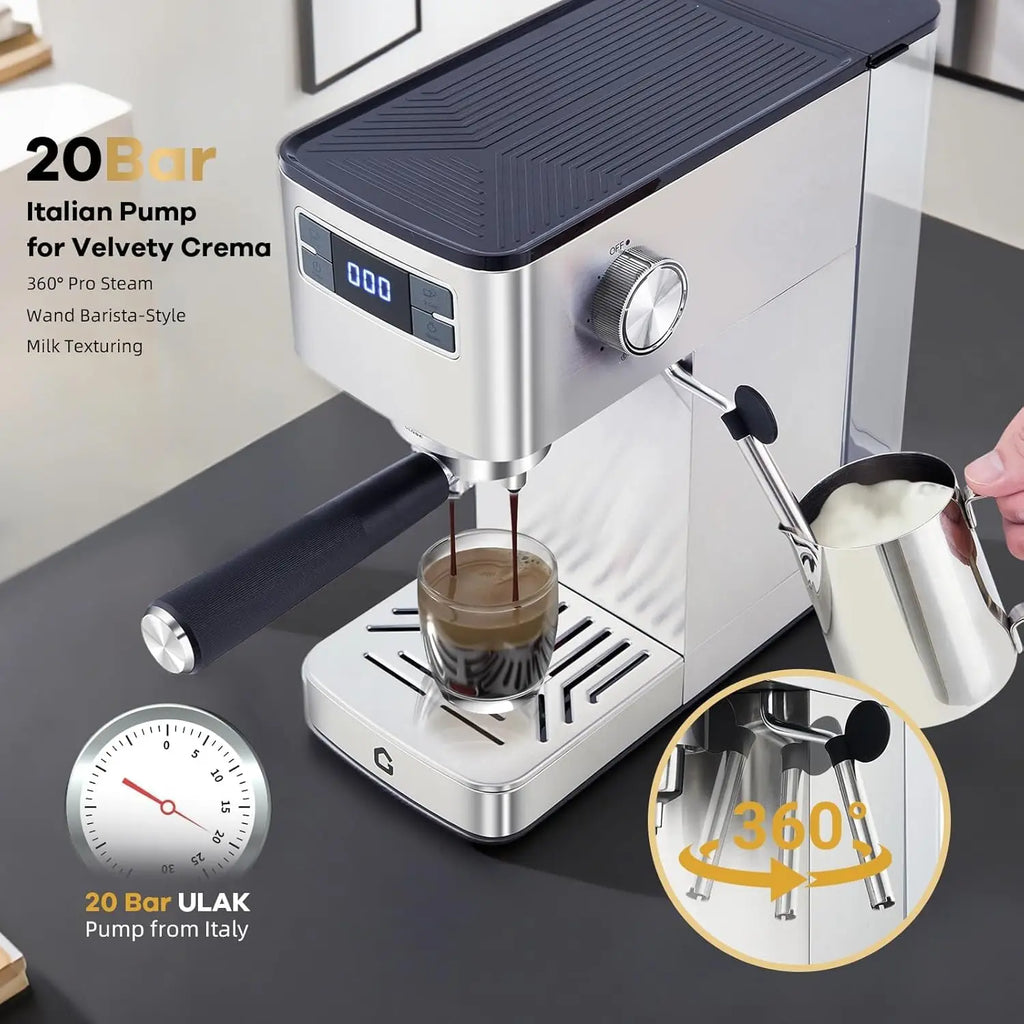 20 Bar Espresso Machine Stainless Steel With Steam Milk Frother Compact Home Barista Coffee Maker For Latte Cappuccino Moka