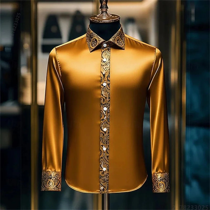 Luxury 3D Printed Long-Sleeve Men's Shirt, Baroque Gold Pattern Slim Fit Dress Shirt, Business Banquet Men's Shirt, Sizes XS-6XL