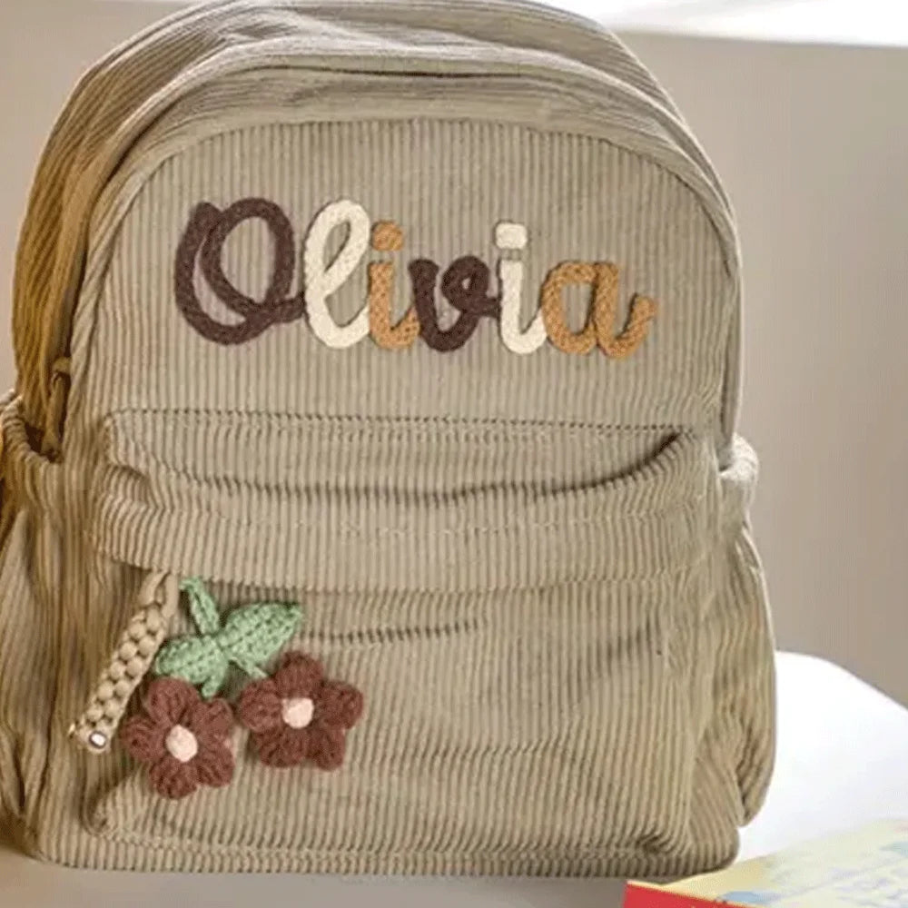 Personalized Small High-Quality Corduroy Backpack – Customizable School Bag with Name Print; Cute and Practical