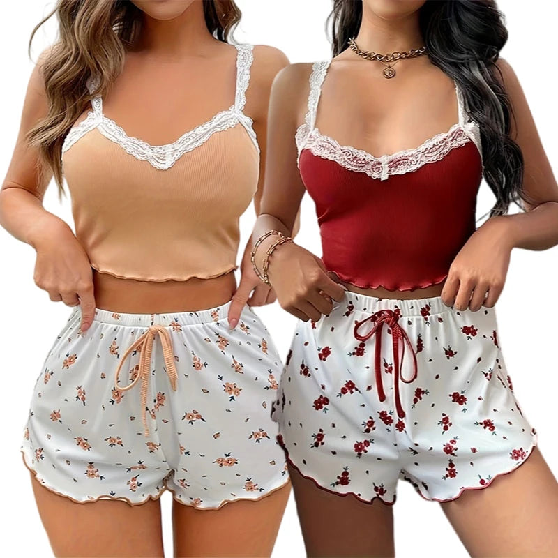 2026 Women Sexy Lace Vest Shorts Pajamas Women's Slim Fit Two-piece Home Outfit Summer Low Rise Casual Print Short Pants Top Set
