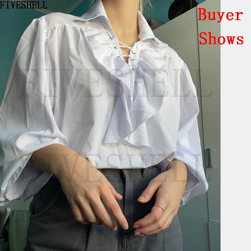 Medieval Mens Renaissance Costume Ruffled Shirts Long Sleeve Lace Up Steampunk Pirate Shirt Cosplay  Stage Costume for Women