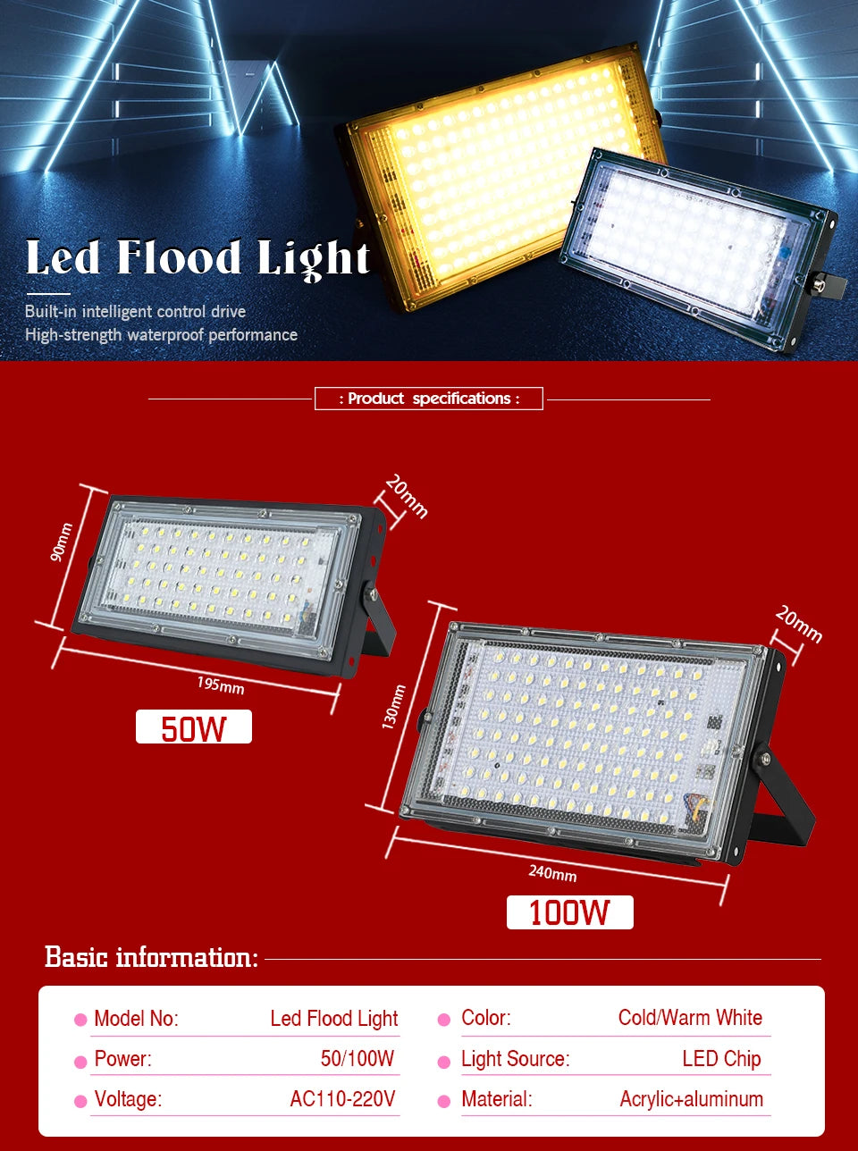 LED Flood Light 50W 100W Outdoor Lighting AC 110V 220V Floodlight IP65 Reflector Projecteur Led Exterieur Focus Spotlight