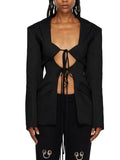 gestring Women Blazer 2025 Spring Fashion Hollow Out Lace Up Sexy Long Sleeve Ladies Black Blazer Coat Women's Slim Suit Jacket