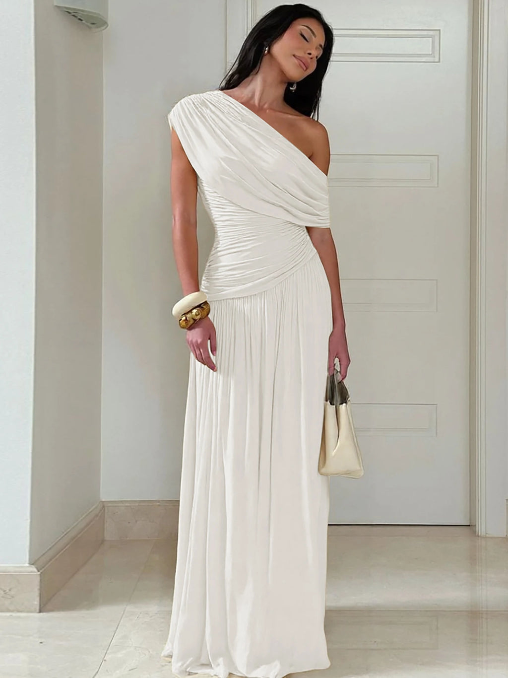 Hugcitar One Shoulder Ruched Sleeveless Solid Pleated Sexy Irregular Y2K Maxi Dress Summer Elegant Party Women Clothes Vacation