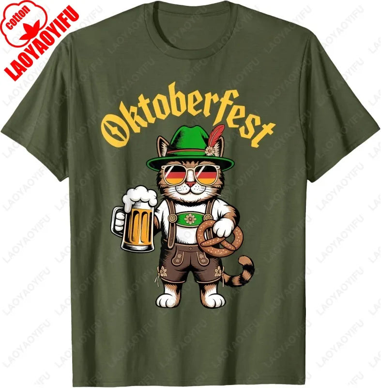 Funny Oktoberfest Cute Cat Pretzel Beer Funny Party Adults T-Shirt Fashion Y2k Streetwear Men Woman High Quality Cotton Tees
