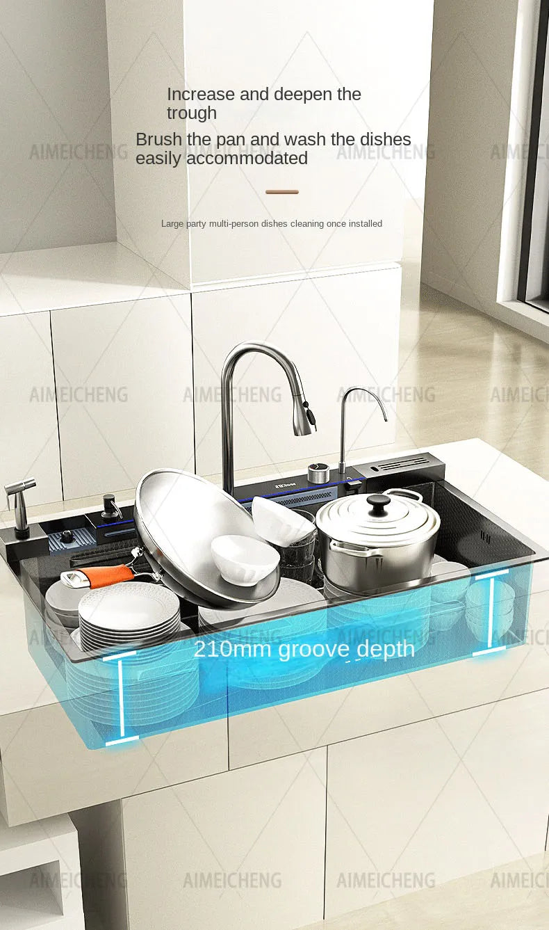 Hot Selling Stainless Steel Waterfall Kitchen Sink With Knife Holder Digital Display Faucet Set Embossed Extra Large Single Slot