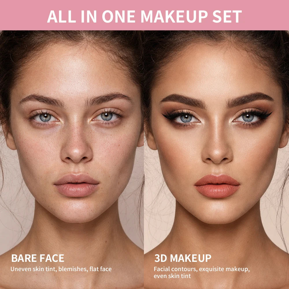 Face Makeup Set Eyeshadow Contour Blush Lipstick Foundation Concealer Eyebrow Eyeliner Mascara Cosmetic Kit With Makeup Brushes