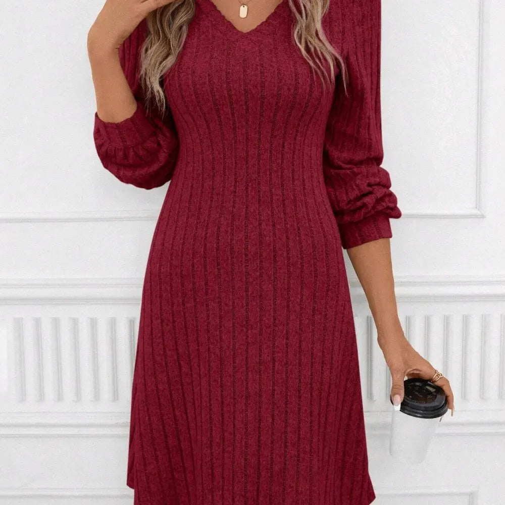 Casual Long Sleeve Brushed Ribbed Knit Dress Womens V Neck Slim Fit Autumn Winter Pullover Solid Color Streetwear