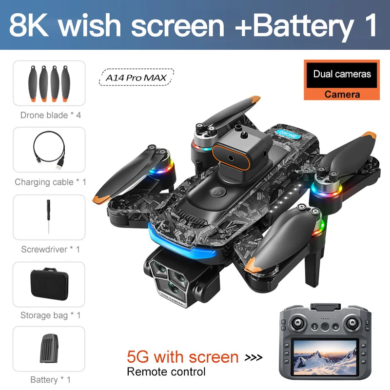 Original A14Pro max GPS Brushless 8K three Camera Optical Flow Obstacle Avoidance Foldable Quadcopter RC Distance Drone Toys