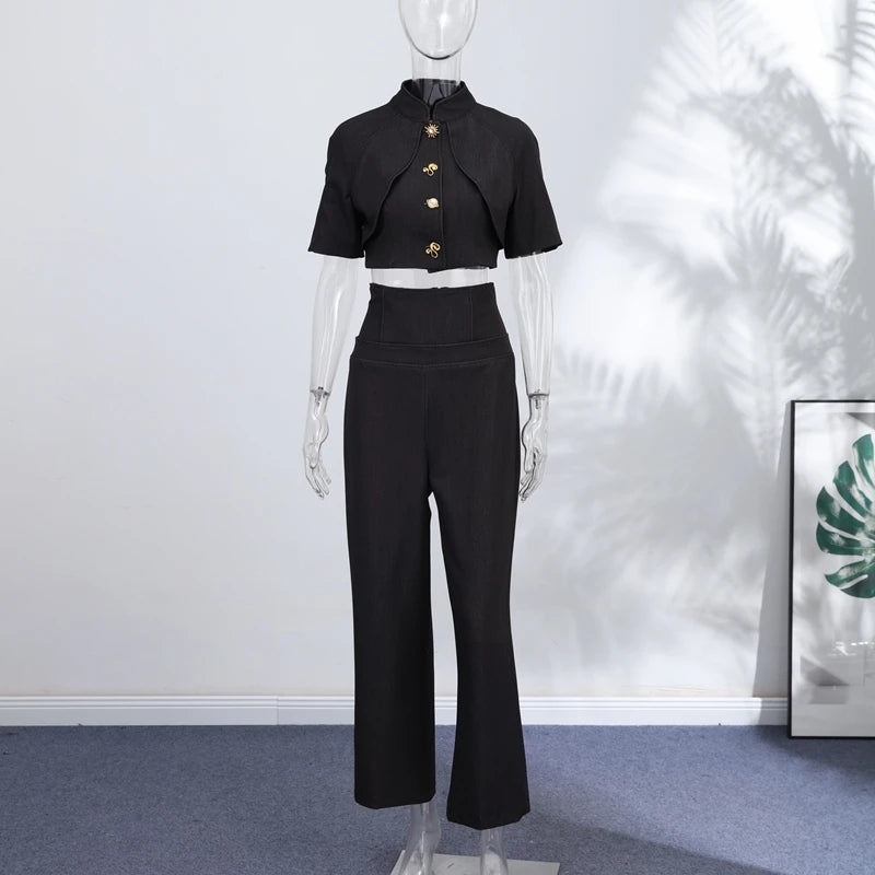 Street Denim Top Pants Women Set Short Sleeve Stand Collar Coats Wide Leg Trousers 2026 Summer Autumn 2 Pieces Set Women New