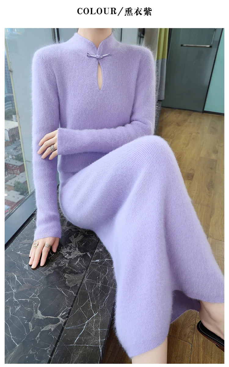 Women' 100%Pure Mink Cashmere Dress Stand-Up Collar Buckle Slim Knit Long Skirt Fashion High Waist Over The Knee Bottoming Dress