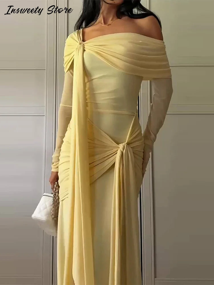 Elegant Solid Lace Up Dress Women's Off The Shoulder Long Sleeve Draped Dresses 2026 Spring New Female Chic Party Robes ﻿