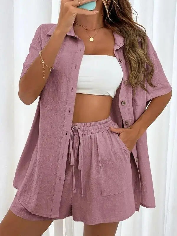 Solid Color Single Breasted Top Casual Loose Short Pants Sets Women Summer Women's 2 Pieces Suit Full Set Female Outfit Clothes