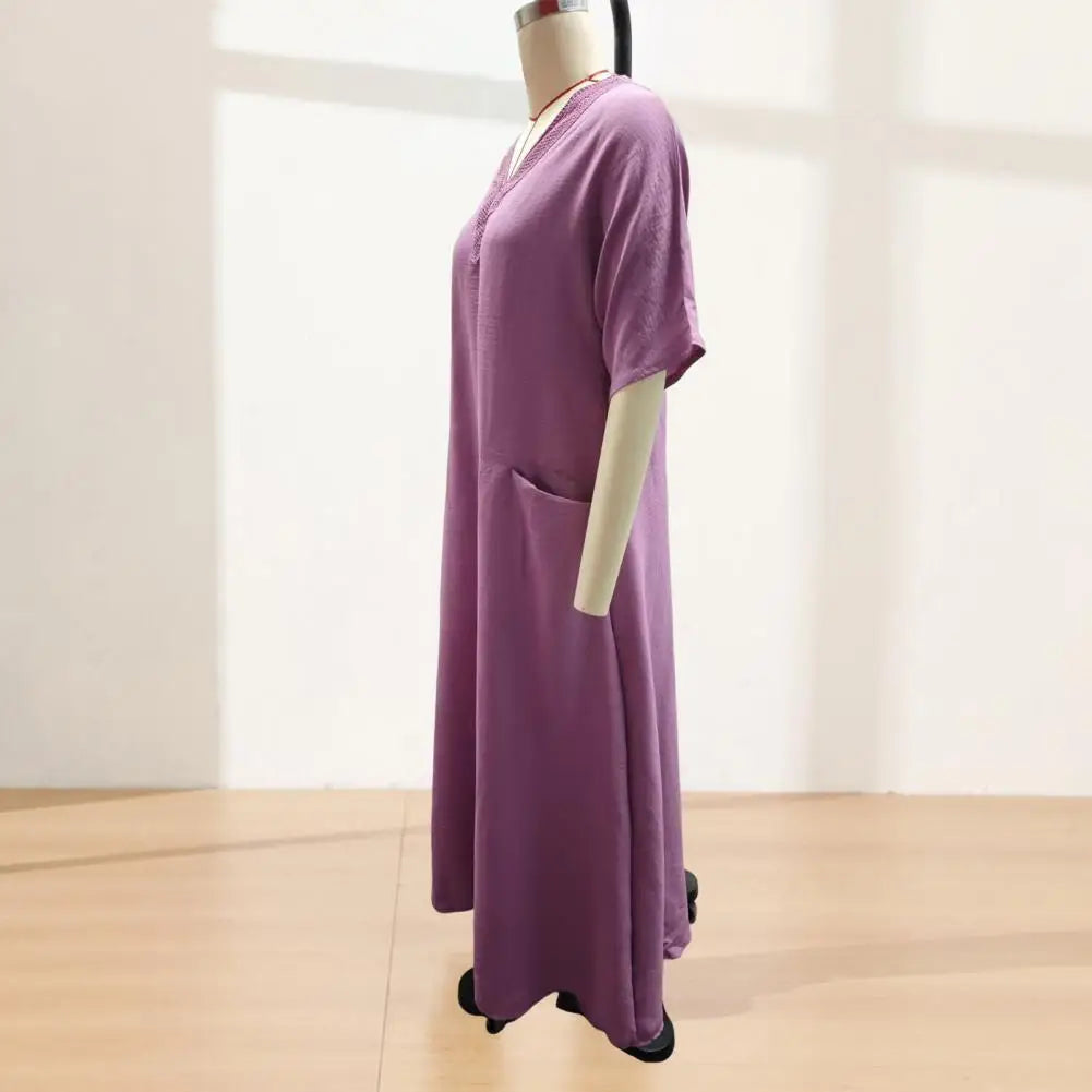 Women Dresses 2026 Casual Solid Color Short-sleeved V-neck Long Dresses Women's Clothing Vestidoes Sundress With Pockets