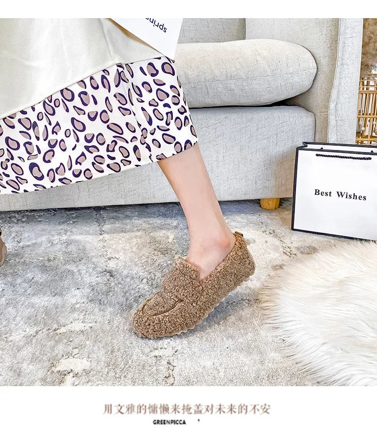 Lambwool Moccasins Femme Curly Sheep Fur Flats Woman Warm Plush Loafers Winter Cotton Shoes Women Furry Snow Boot