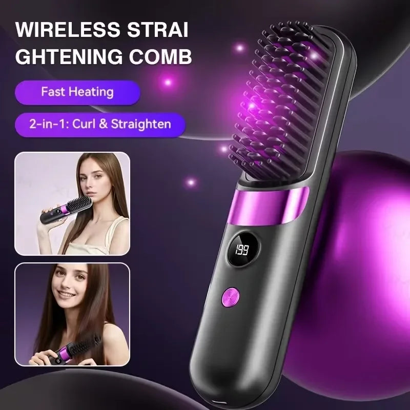 Portable Mini 2-in-1 Hair Straightener and Curler, Wireless USB Rechargeable, For Home & Travel Use, With LCD Display