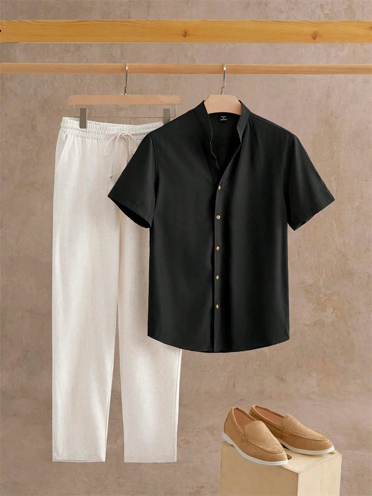 2025 Autumn Simple Solid-color Shirt 2 Pieces Long Pants Set, Urban Street Fashion Simple Men's Shirt And Long Pants Set