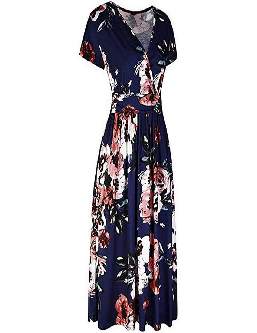 Cross-border women's summer 2024 new retro plant print V-neck breast wrap thin temperament elegant casual dress