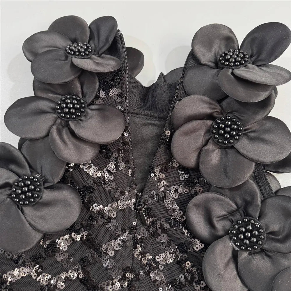 Women Fashion Flower Beading Sequins Patchwork Bandage Dress Celebrity Party Sleeveless Elegant Dresses