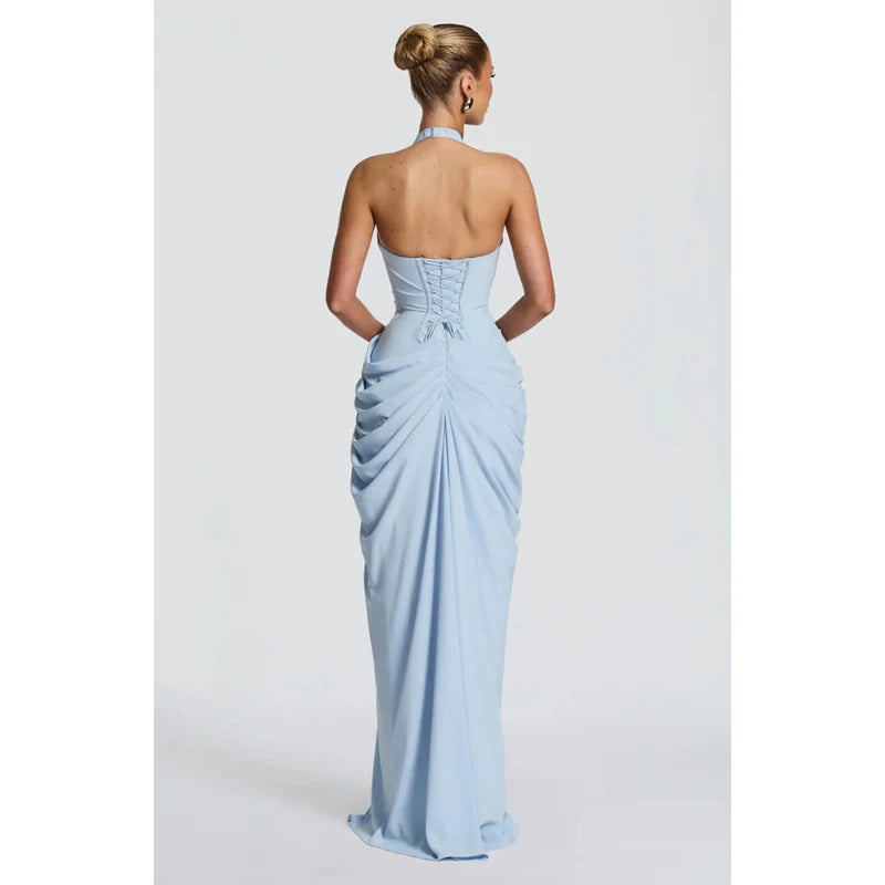 Elegant Yellow Strapless Pleated Long Dress Women Chic Solid Sleeveless Waist Cinching Split Gown 2026 Lady Evening Party Robes