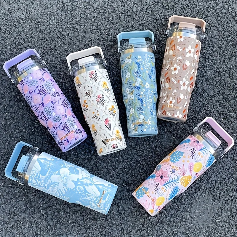 1pc Lightweight Luxury Floral Stainless Steel Thermos Flask 900ML Large Capacity Outdoor Water Bottle with Straw and Handle