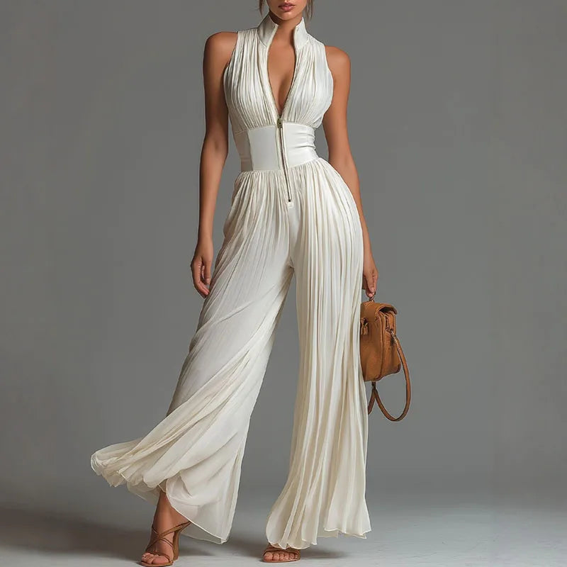 Sexy Deep V Neck Hollow Zip Jumpsuit Women's Spring Solid High Waist Wide Leg Romper Summer Sleeveless Pleated Vacation Overalls