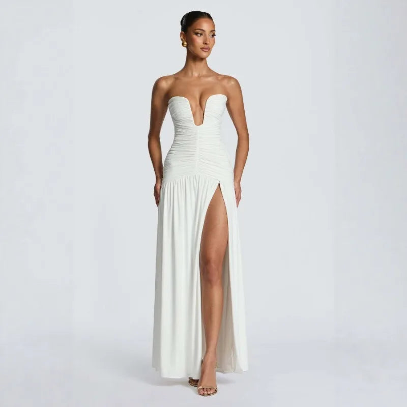 Women Elegant Deep V-neck Pleated Strapless Dress Chic Off-shoulder Backless Split Maxi Dresses 2026 Lady Evening Party Vestidos