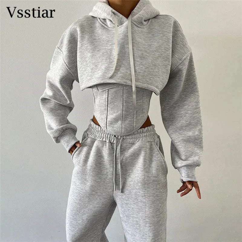 Vsstiar Women Three Piece Set Long Sleeve Hooded Crop Top Irregulary Tanks Pockets Pants Casual Tracksuit Fashion Female Clothes