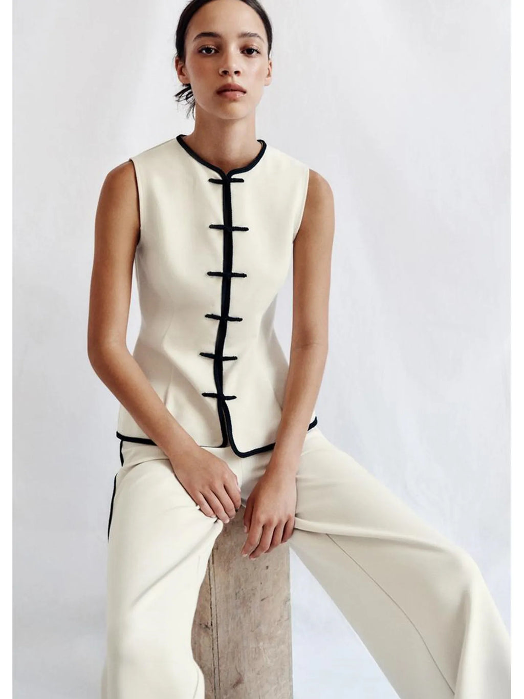 No-Sleeve round Neck Rope Knot Top with Wide Leg Pants Straight Cut Color Block Design Women's Fashion Set Autumn Collection