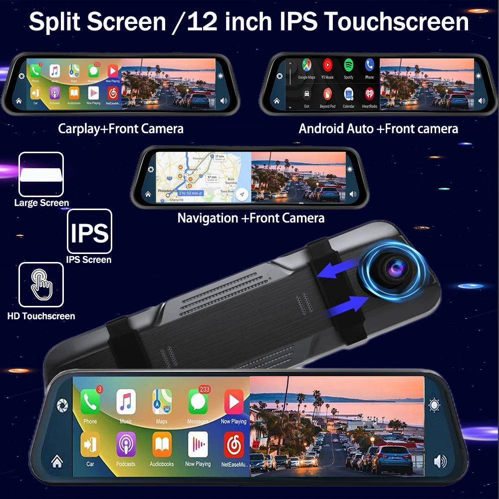 Aprilboy 10'' 4K Mirror Dash Cam Dual Camera with Wireless Carplay Android Auto Parking Assistance Loop Recording Navigation