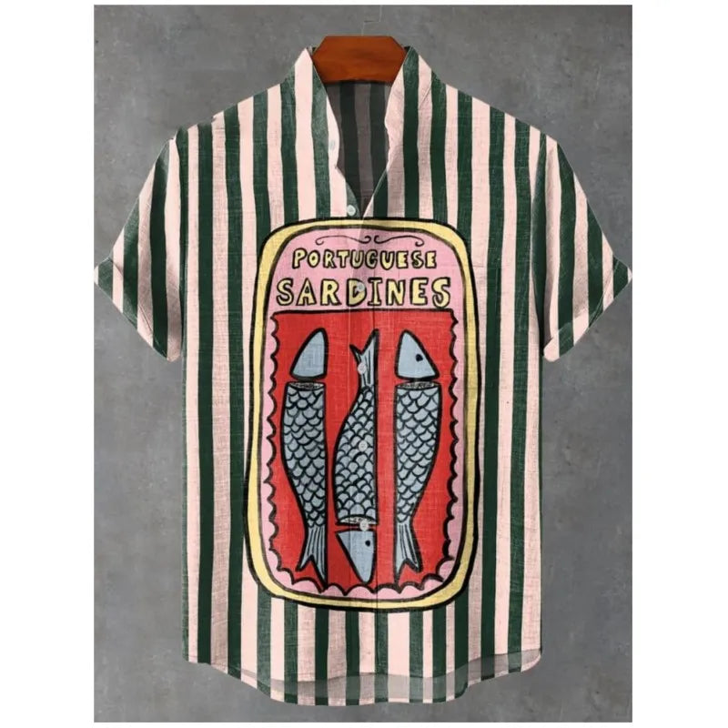 Men's Summer Casual Art Fish Pattern Printed Linen Short Sleeved Shirt, Comfortable And Fashionable Button Up Men's Top