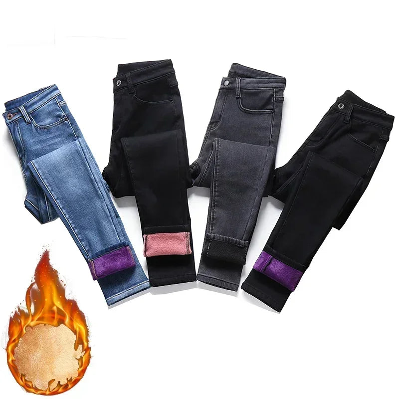 Lady Plush Thermal Jeans Winter Snow Warm Stretch Thin Jeans Women Fleece Pencil Pants Fashion Straight Leg Denim Trousers
