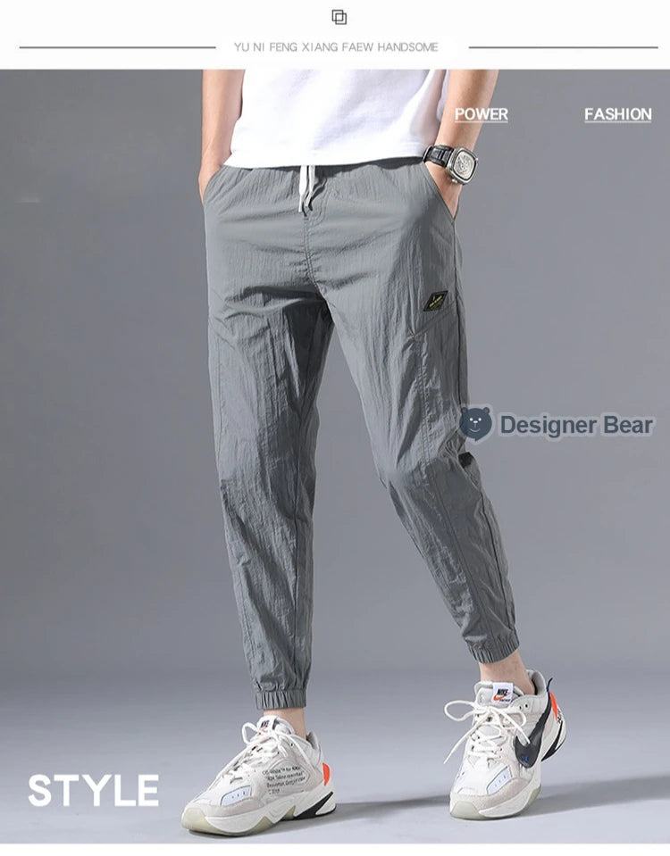 2026 Summer Thin Men's Wrinkled Fabric Loose Tapered Harem Pants Quick-Dry Elastic Cuff Casual Trousers Elastic Waist City Boy