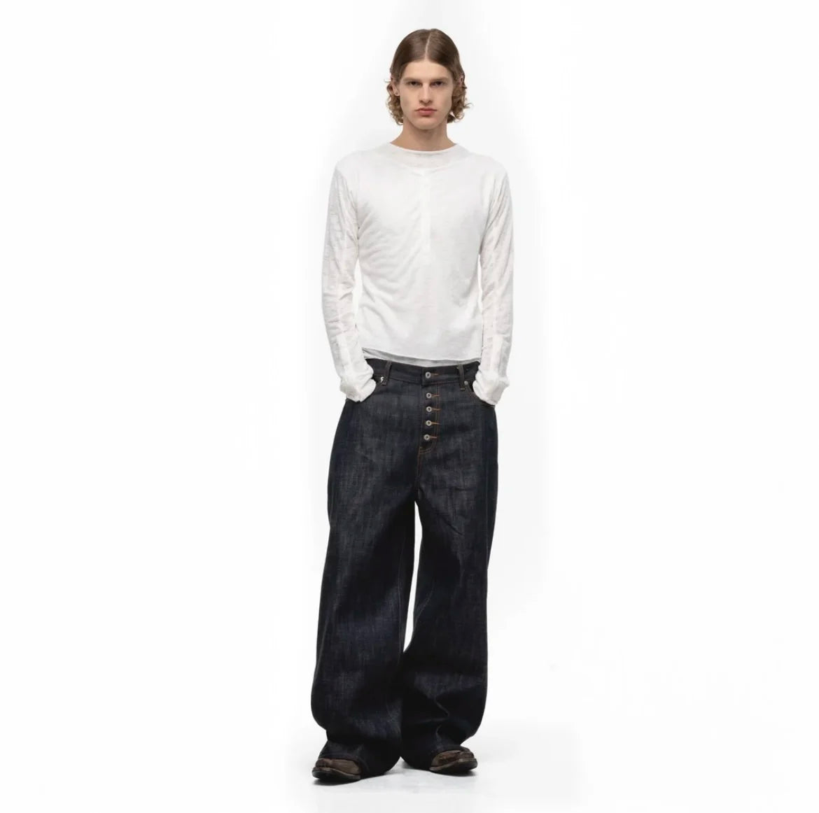 Japanese Raw Denim Loose Fit Jeans Classic Unwashed Cotton Workwear Baggy Trousers for Men