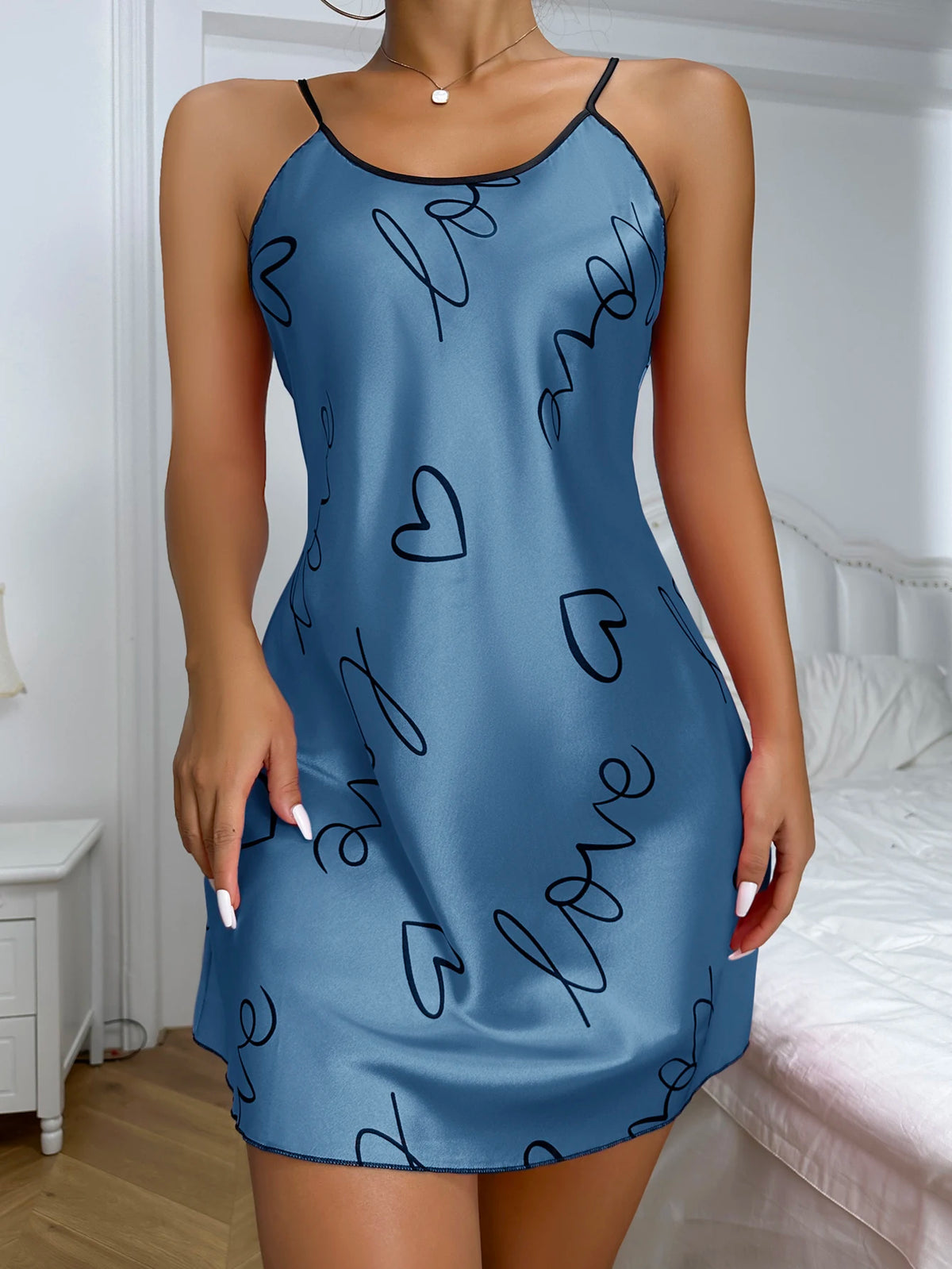 Heart Letter Print Nightdress Casual Round Neck Spaghetti Strap Sleep Dress Women's Sleepwear Dresses