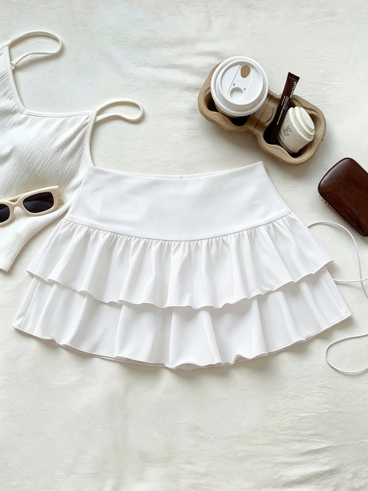 Women High Waist Ruffle Layered Mini Skirt Double Layer Tiered Short Skirt Y2K Sexy Sweet Casual Vacation Party Basic Skirt