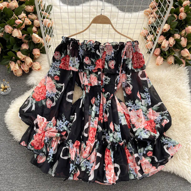 2025 New Retro Summer Beach Vacation Dress Women Sexy Strapless Lantern Sleeve Sweet Floral Jumpsuit Short Chiffon Print Dresses