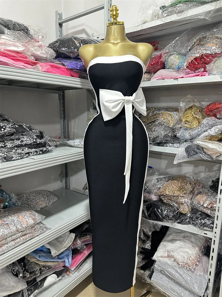 Women Sexy Strapless Off the Shoulder Bow Bodycon Bandage Long Dress Celebrate Fashion Nightclub Party Birthday Outfit