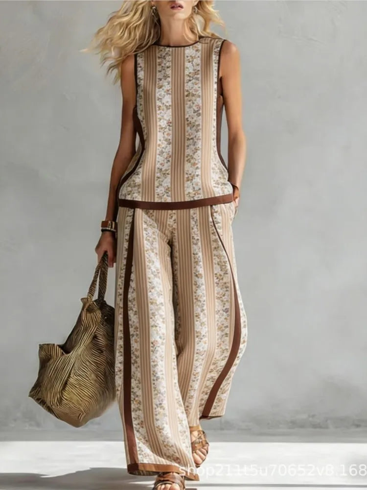 Fashion Retro Printed Sleeveless Tops Trousers 2-piece Set Women's Summer Casual Vest Loose Wide Leg Trousers Female Suit Pocket
