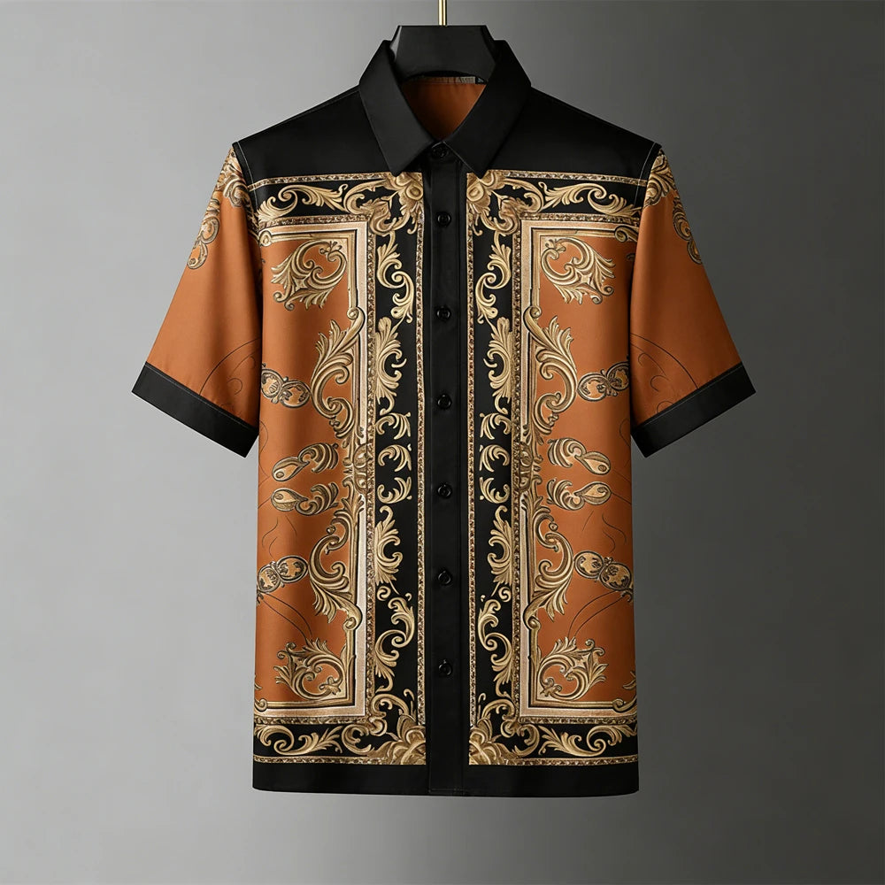 Fashion Men's Retro Soft Short Sleeve Shirt Gold Pattern Natural 3D Printed Shirt Men's Clothing Casual Party Tops