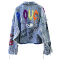Rivet Beaded Line Tassel Letter Graffiti Print Women Denim Jacket Spring Autumn 2024 Casual Hole Denim Jacket Veste Femme