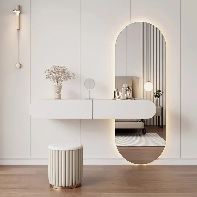 Cream Wall Mounted Dresser with Mirror Modern Minimalist Bedroom Makeup Vanity Floating Storage Console Table